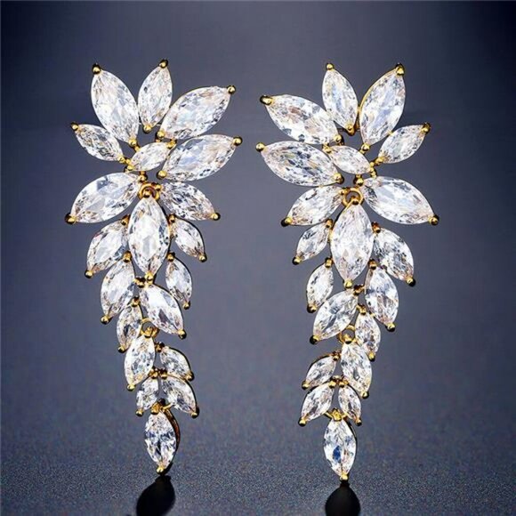 18k Gold Earrings Dangle Statement Wedding Bridal Earrings Jewelry Prom Earrings - Picture 1 of 5